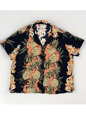 Hilo Hattie Hawaiian Shirt Womens XL Black Floral Button Rayon Vintage USA